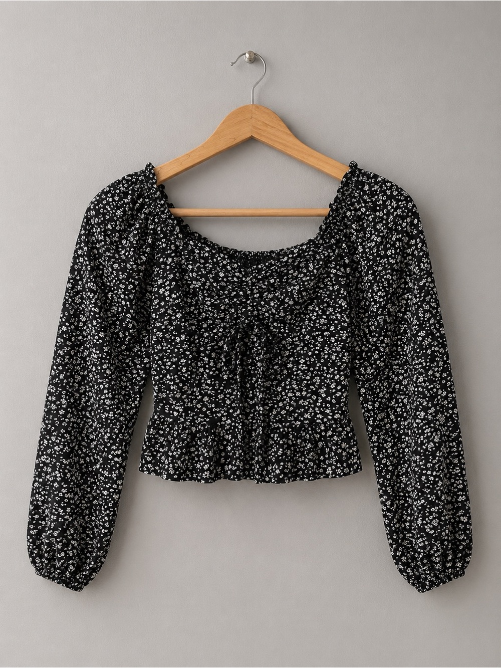 Japna Black Floral Smocked Crop Top XS Boho Peplum